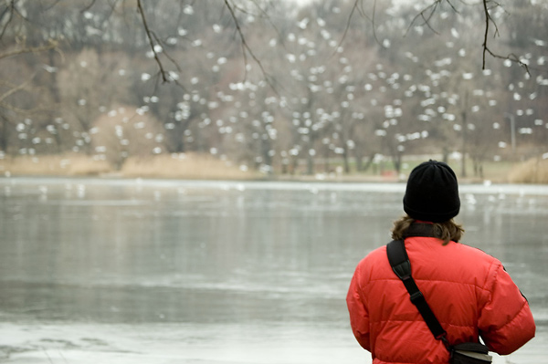 A man in a red winter coat watches water fowl in flight over
a frozen lake.