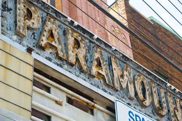 Exposed light bulbs from an old theater's sign.