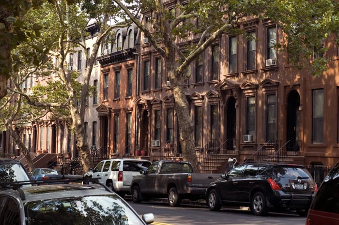 Trees cast shadows on a street of brownstones.