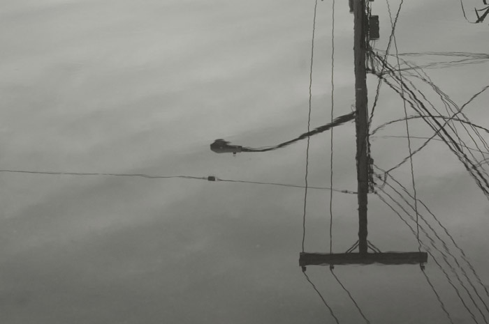 A puddle reflects a network of wires and poles.