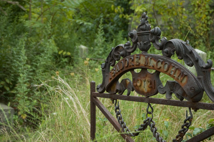 A rusty gate to a plot in an overgrown cemetery.