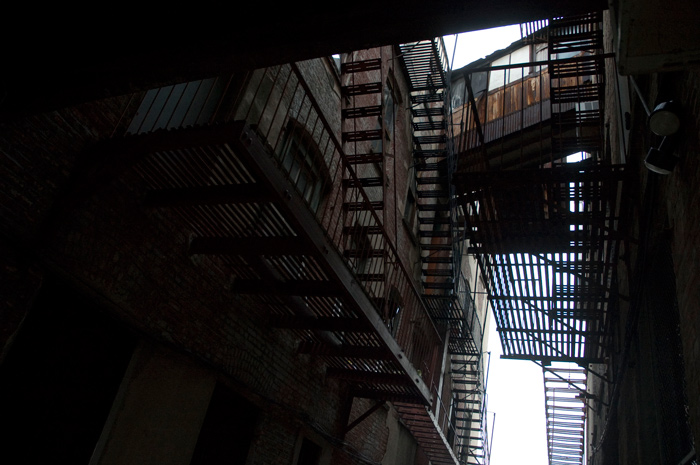 Sunlight shoots into an alley, filtered by the slats of old fire escapes.
