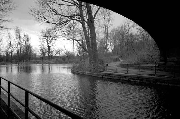 A black and white photo with lots of grey, peeking out under an arched bridge at many leafless trees.