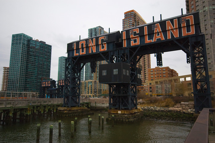 Two sets of gantries have the words 'Long Island' painted on them, in large red letters.
