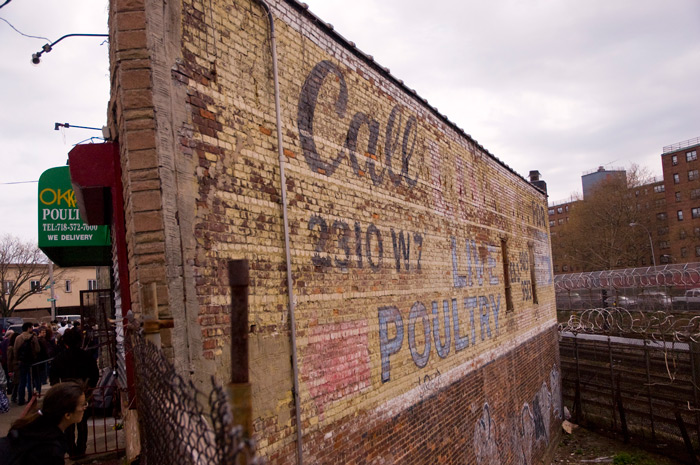 A live poultry business has a faded wall sign, directed at passing subway trains.