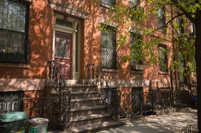 Row houses with new brick on their fronts sit under the shade of a tree.  One of the doors is painted a gentle purple color.