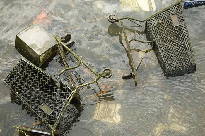Two abandoned shopping carts lay on their sides in the shallow, brown waters of a creek.