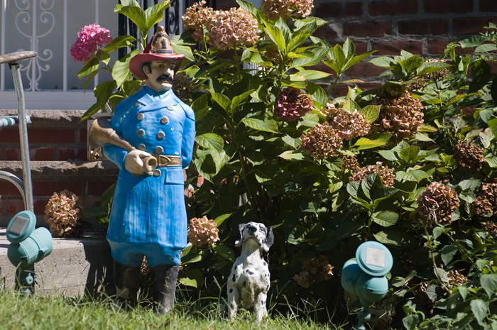 Lawn ornaments: A fireman with a horn and a dalmation are in front of a hedge. Floodlights are trained on them for the darker hours.
