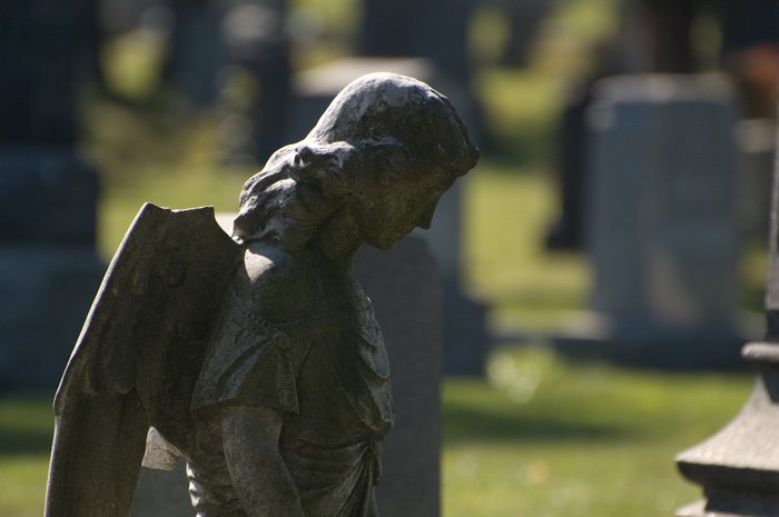 A statue of an agel, with face bowed down, is mostly shaded, but light traces the outline of its back.