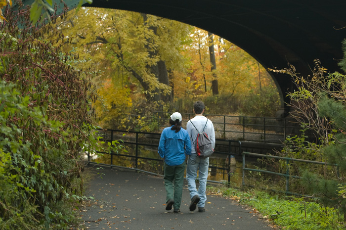 A couple approaches an underpass, surrounded by trees in Autumn colors, with a creek nearby.
