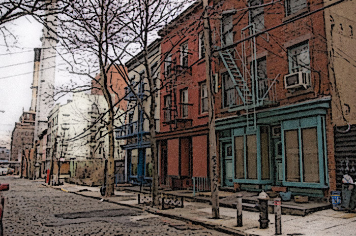 An old fashioned street with paving stones and fire escapes, but smokestacks in the distance.