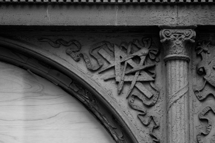 An architectural detail consisting of various drafting tools.