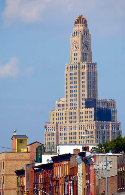 The multiple-tiered Williamsburgh Bank Building towers above its surroundings.