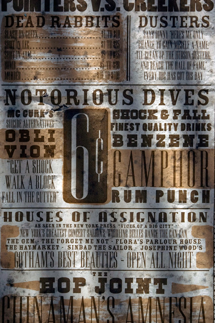 A sepia toned poster in 19th century fonts advertises dives, houses of prostitution, and intoxication.
