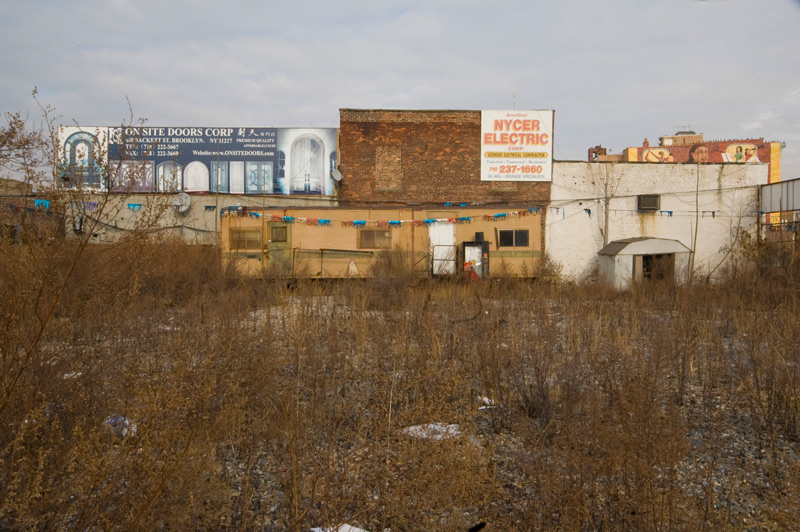 An empty lot with tall weeds, in front of the bare sides of buildings.