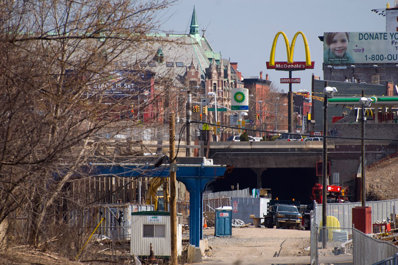 A view of a construction area and several blocks.