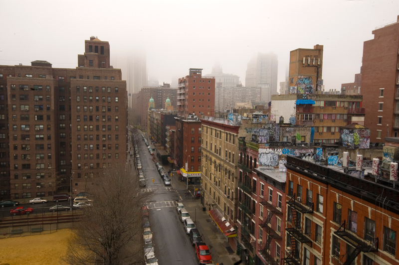 A misty cityscape.