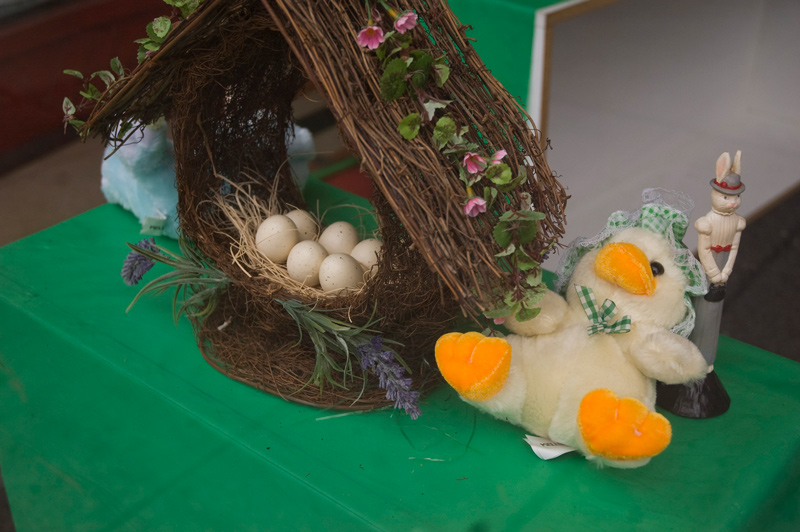 A simple assortment of fake eggs, a chick, and a plastic rabbit.