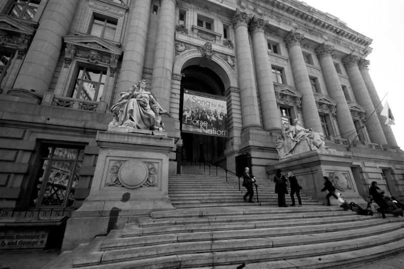 Steps rise between statues to a classical building.