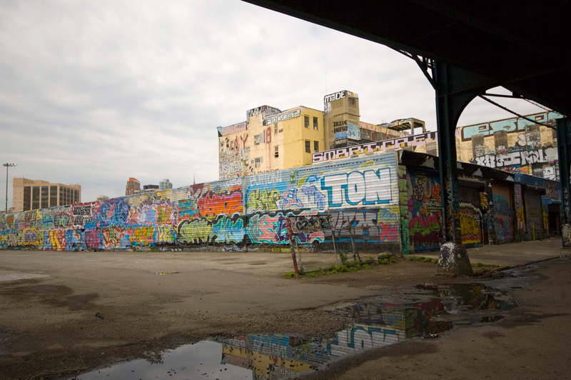 Graffiti-covered building.