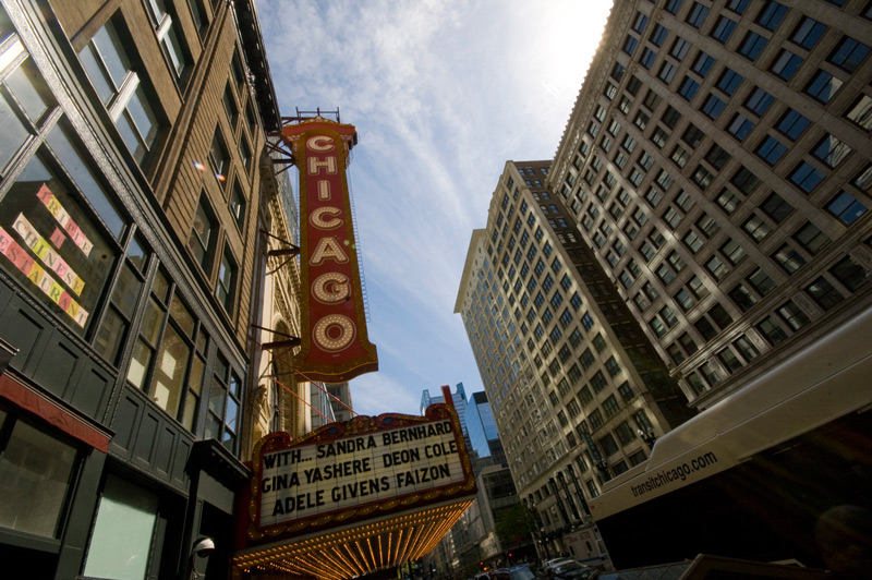 The marquee and neon of the Chicago theater.