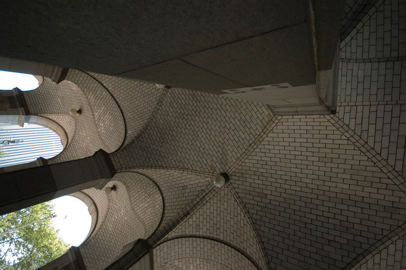 An arched ceiling, composed of rectangular tiles.