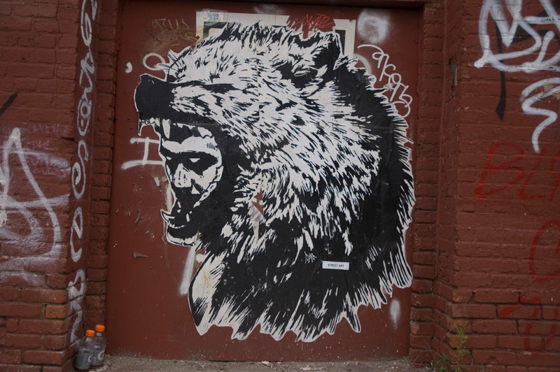 Poster of a man 's face inside a wolf head.