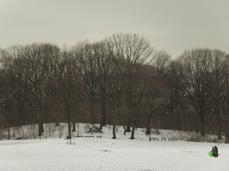 Two kids take their sleds across a snow-covered meadow.