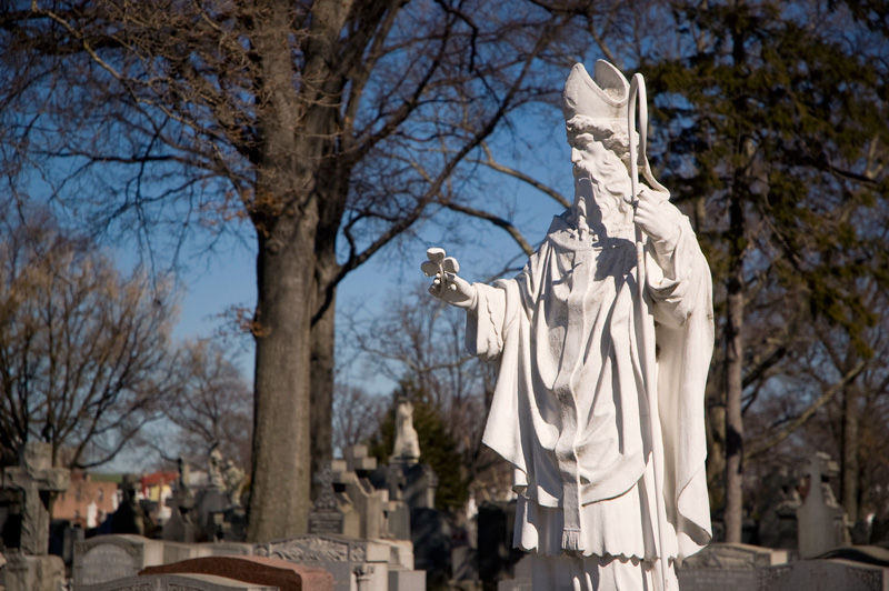 A statue of St. Patrick, in bishop's regalia, looking at a clover