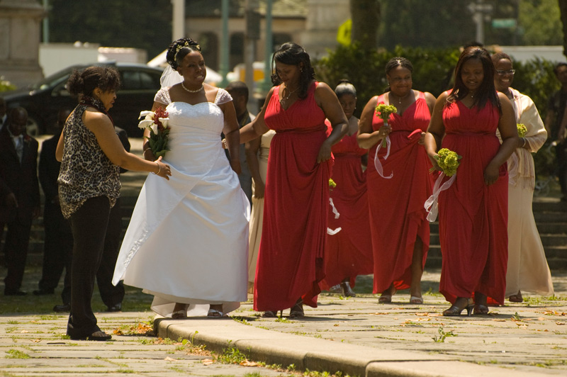 A bride and her party ready themselves for photos.