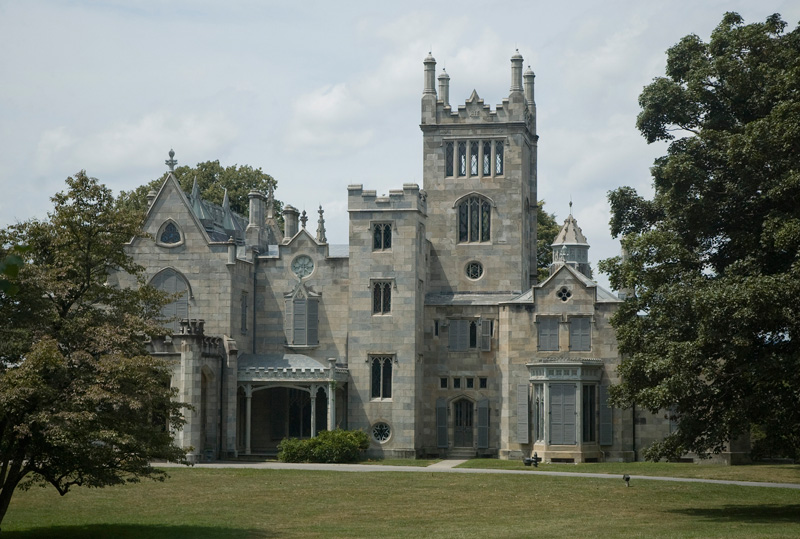 A limestone mansion resembling a castle.