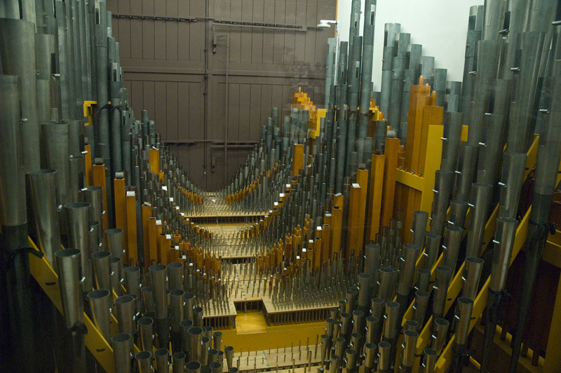 Complex rows of pipes for an organ.