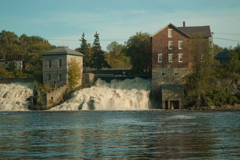 Waterfalls, between buildings.