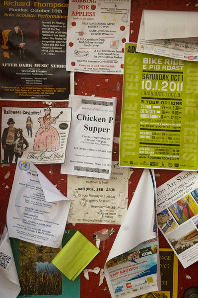 A bulletin board showing upcoming events in Middlebury, Vermont.