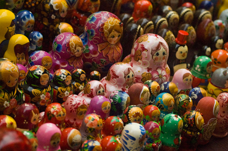 many colorful russian nesting dolls.