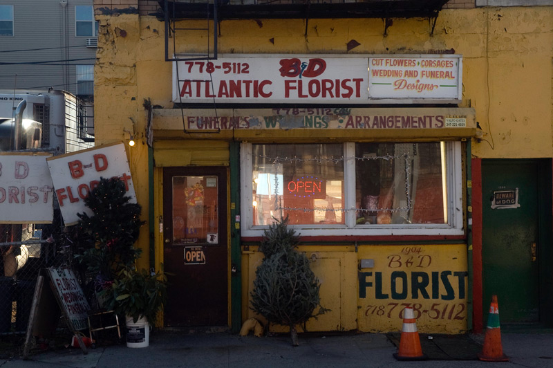 A small storefront for a florist, with hand-lettered signs.