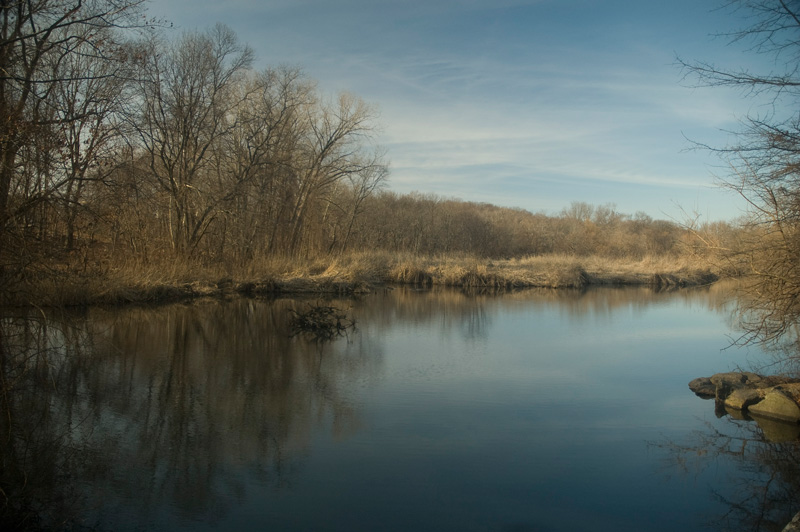 A lake, surrounded by bare trees.