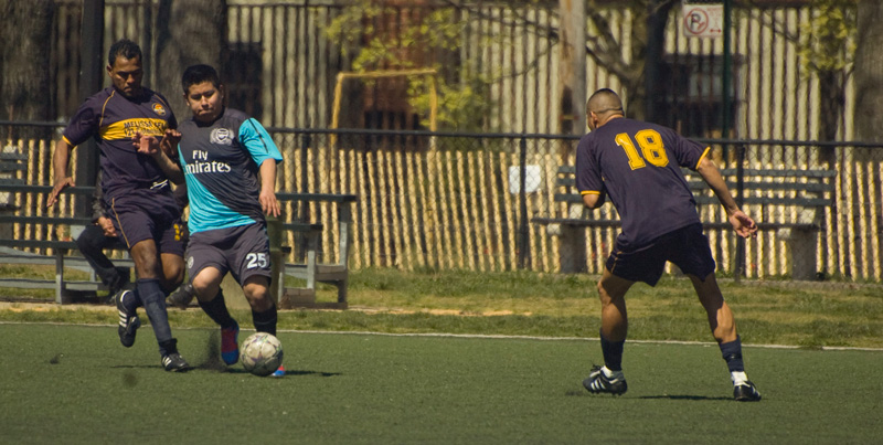 Two soccer players contest a ball.