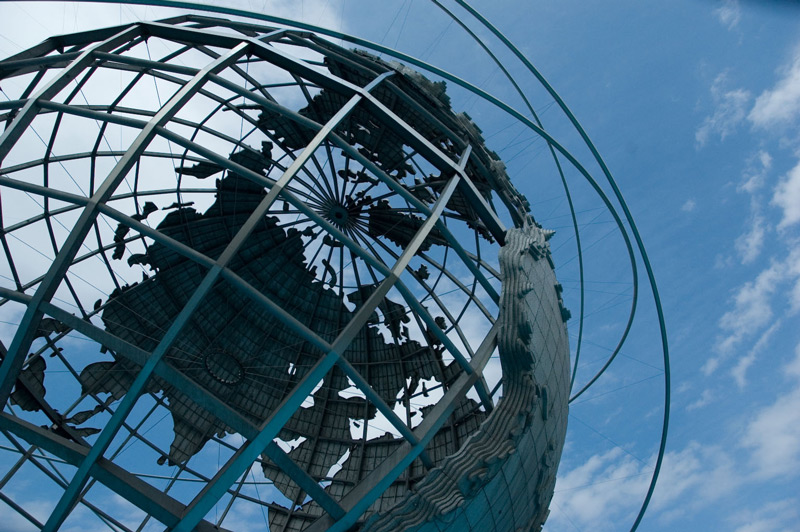 A skeletal, metal globe