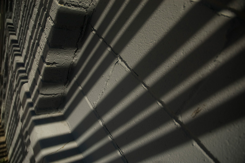 A fire escape's shadows streak down a wall.