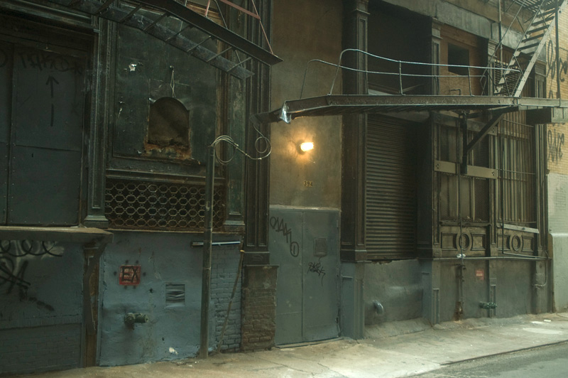 Doors, grates, and fire escapes in an alley.