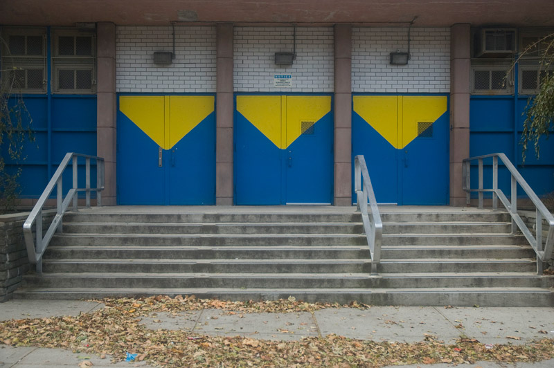 Three double doors, painted in blue and yellow