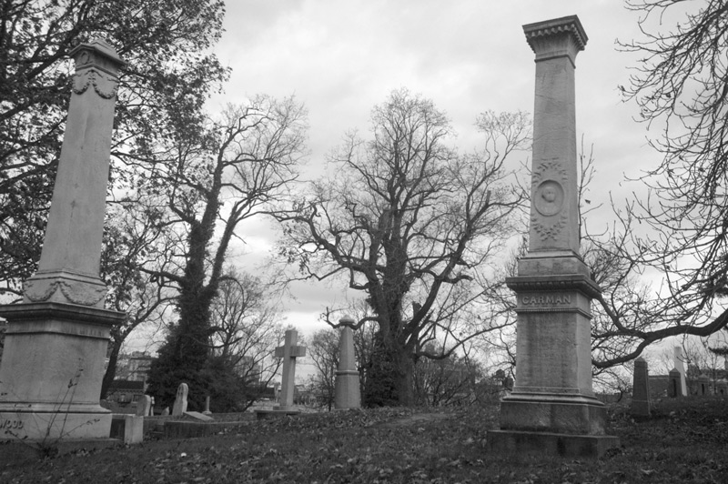 A monument in a cemetery, with bare trees