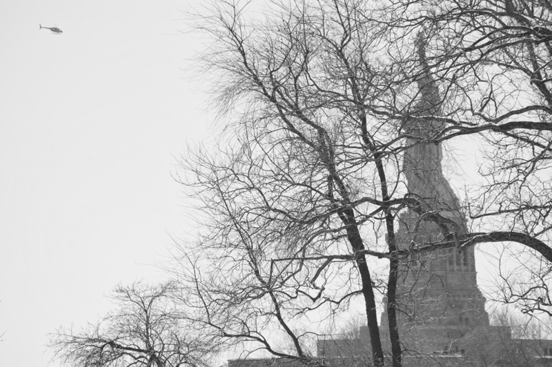 The Statue of Liberty amid bare trees, with a helicopter.