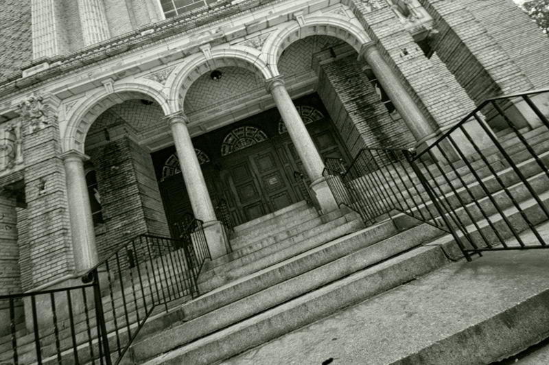 Steps leading up to a church entrance.