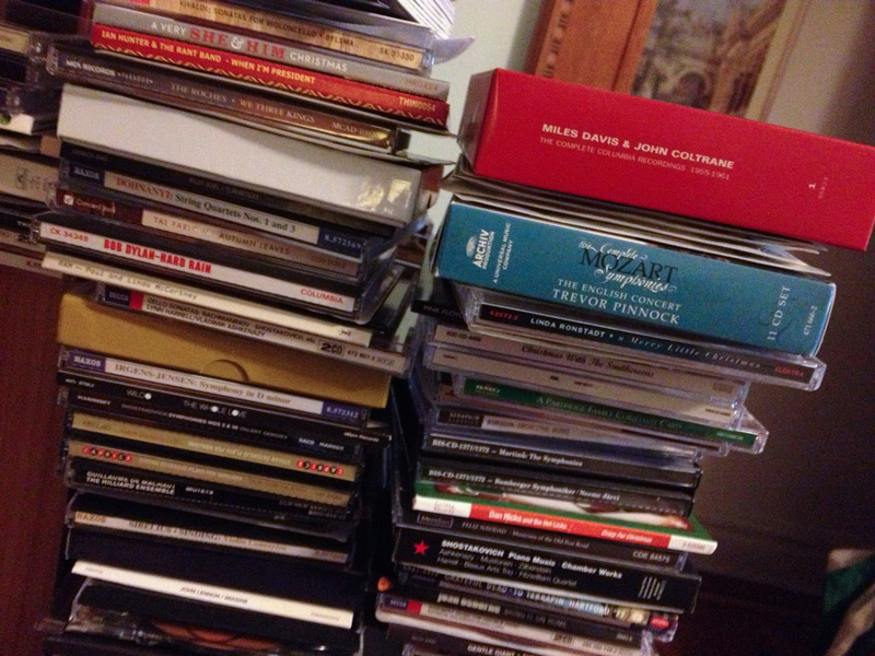 A tower of CDs, with Mozart among them.