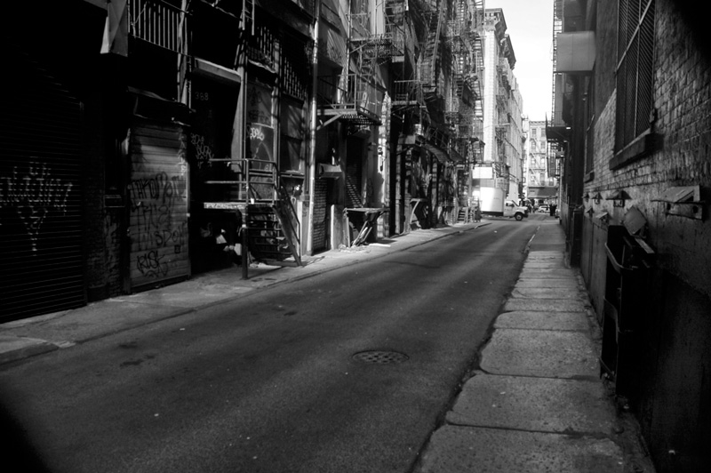 An alley, with fire escapes.