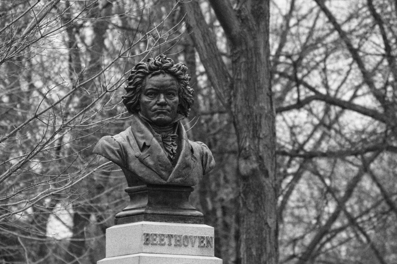 A bust of Beethoven among barren trees in winter.