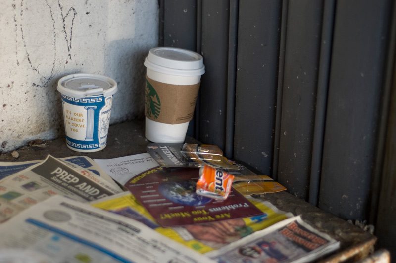 Paper coffee cups in a corner