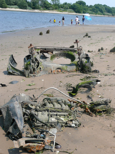 People enjoying the water near abandoned cars